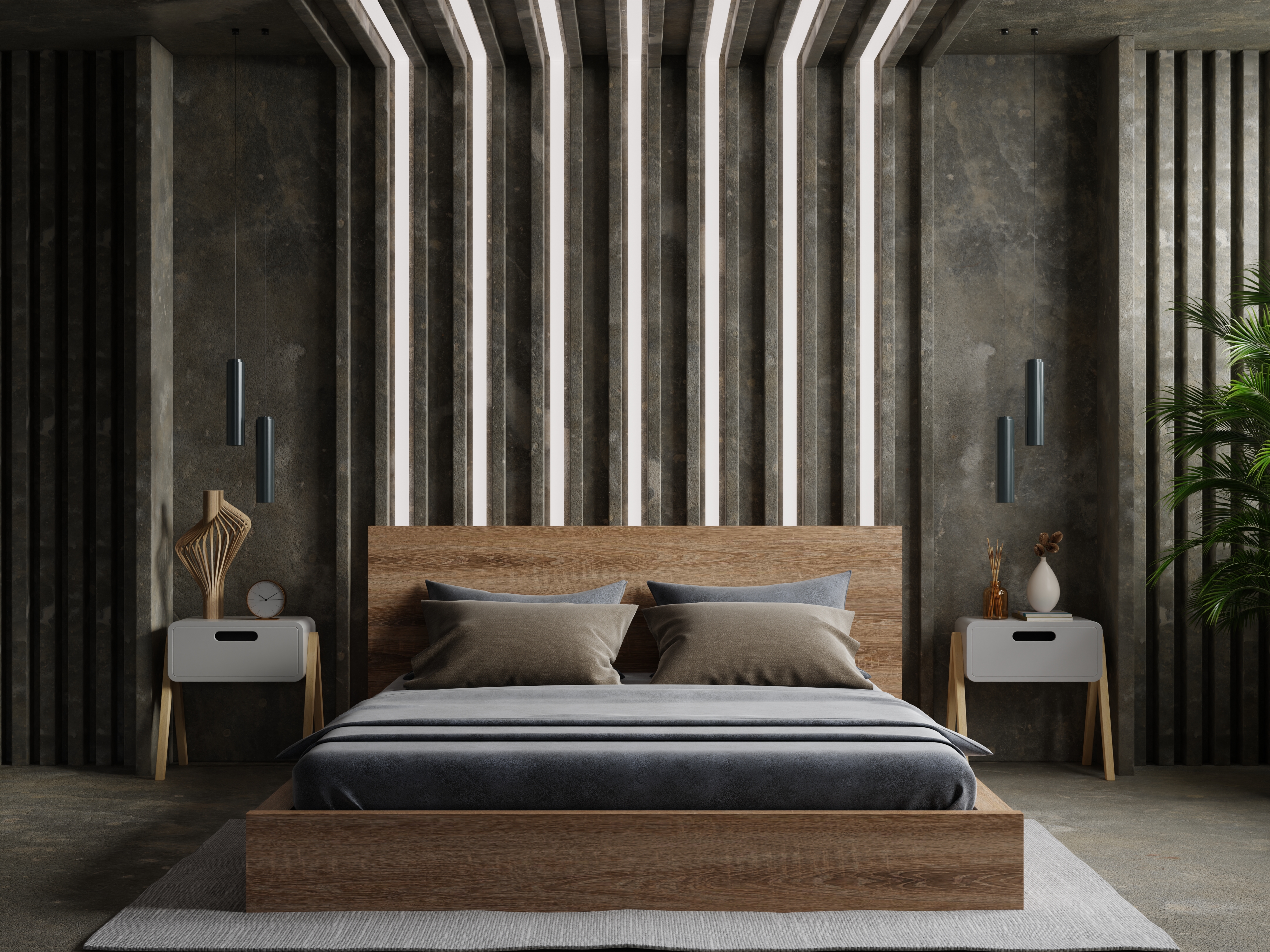 Bedroom interior design concept idea and concrete wall.